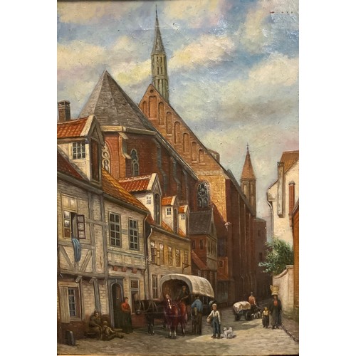 42 - English school, late 19th century, 'Town scene with carriage and horses', unsigned, oil on canvas, 3... 