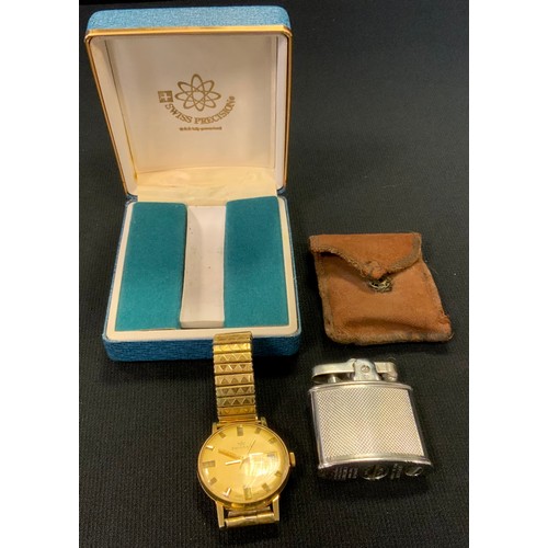 408 - A Swiss Presision AM gold plated cased wristwatch, gilt dial, bold block baton markers, minute track... 