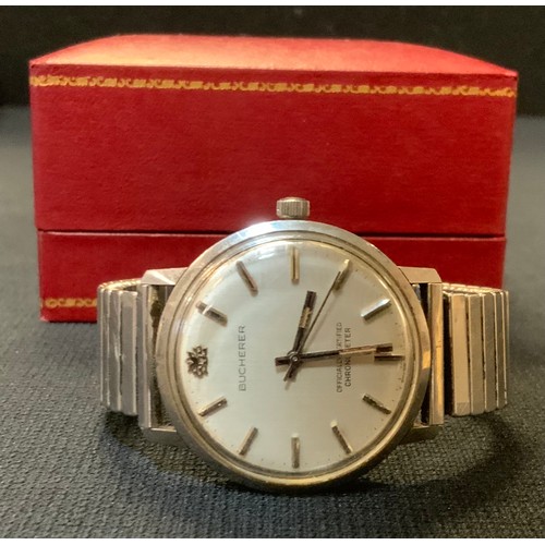 409 - Bucherer - a 1530A vintage automatic chronometer wristwatch, silver dial, block baton markers, cente... 