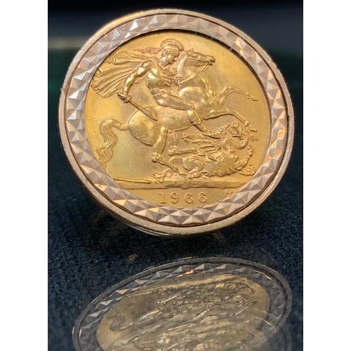 420 - An Elizabeth II sovereign ring, 1966, 9ct gold mount and shank, size N, 12.7g gross