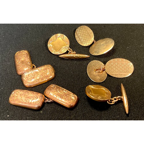 442 - A pair of 9ct gold oval engine turned cufflinks;  another pair rectangular, 6.2g gross;  others indi... 