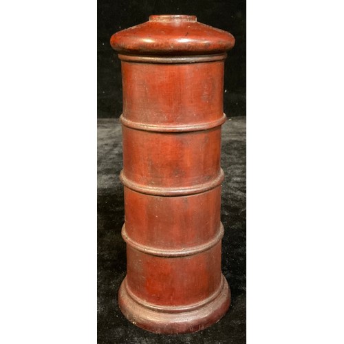 74 - A replica 19th century style treen spice tower, marked for Cloves, Ginger, Mace and Nutmeg, 20cm hig... 