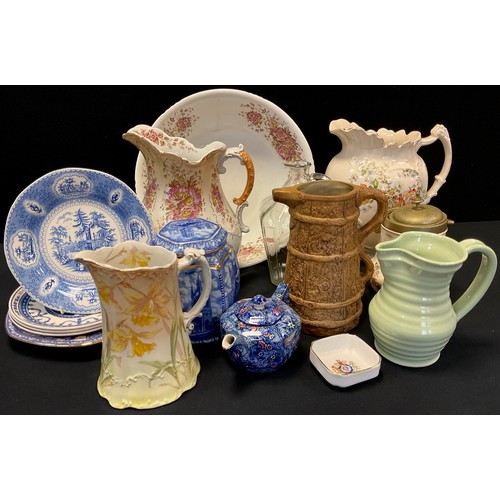 112A - Ceramics - Auld Lang Syne; washing jug and bowl set; blue and white Ringtons Mailing tea caddy etc