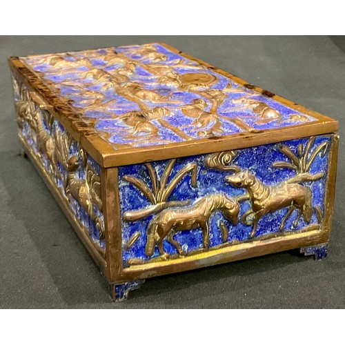 182 - A Chinese copper and cobalt blue enamel box and cover, applied with equine motifs in relief, 18cm wi... 