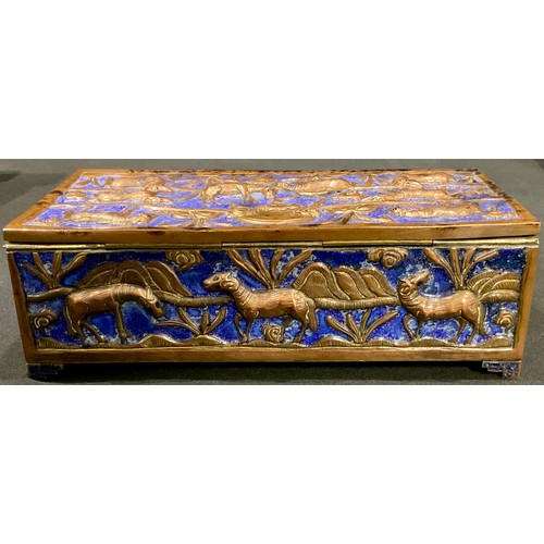 182 - A Chinese copper and cobalt blue enamel box and cover, applied with equine motifs in relief, 18cm wi... 