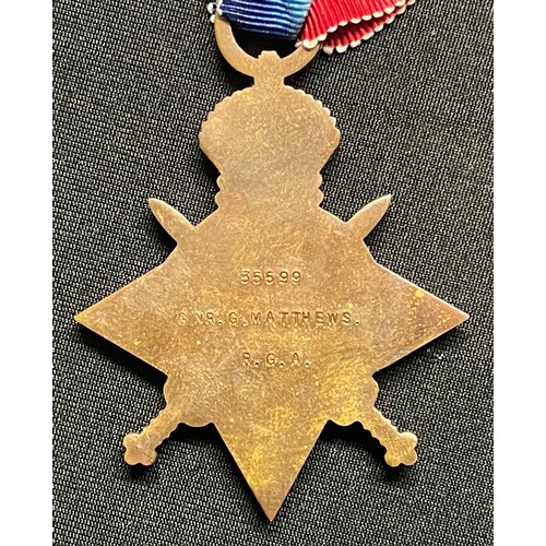 5005 - WW1 British 1914-15 Star, War Medal and Victory medal to 35599 Gnr. G Matthews, RGA complete with or... 