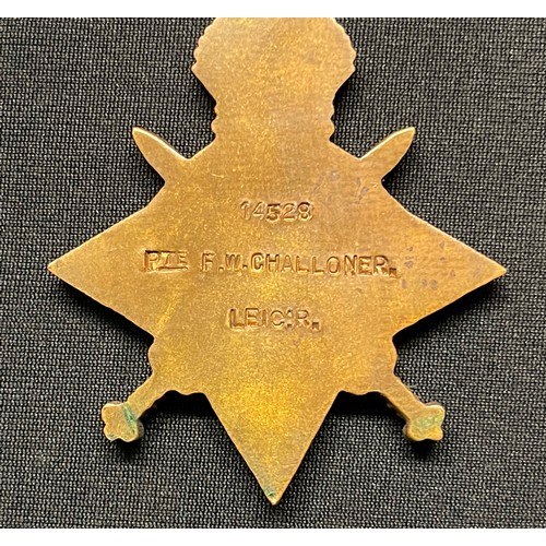 5006 - WW1 British 1914-15 Star, War Medal and Victory Medal to 14528 Pte FW Challoner, Leicestershire Regi... 
