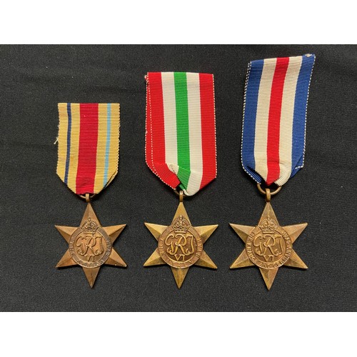 5016 - WW2 British Africa Star, France & Germany Star, Italy Star. All complete with ribbons.