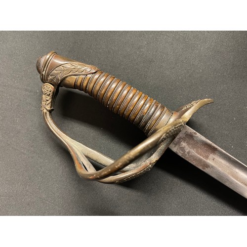 5103 - French Officers Sabre with double fullered curved blade 925mm in length. Spine of blade maker marked... 