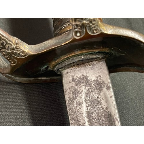 5103 - French Officers Sabre with double fullered curved blade 925mm in length. Spine of blade maker marked... 
