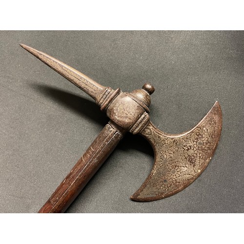 5107 - Indian Parashu Battle Axe 62cm in length with a single blade and spike point. Axe Head is covered in... 