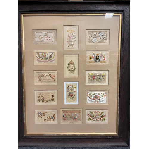5124 - WW1 British Framed Silk Postcard collection in a period frame and comprising of 14 silk cards. Overa... 