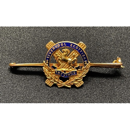 5132 - WW1 British Liverpool Scottish Sweetheart brooches x 3: One in 15ct Gold with blue enamel detail wei... 