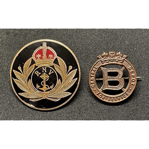 5136 - WW1 British Royal Navy Volunteers Enamel Lapel badge and a Princess Beatrice Central Depot bronze la... 