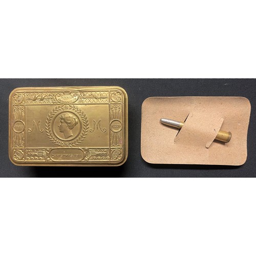 5141 - WW1 British Princess Mary's Gift Tin 1914 complete with card insert holding bullet pencil. Headstamp... 