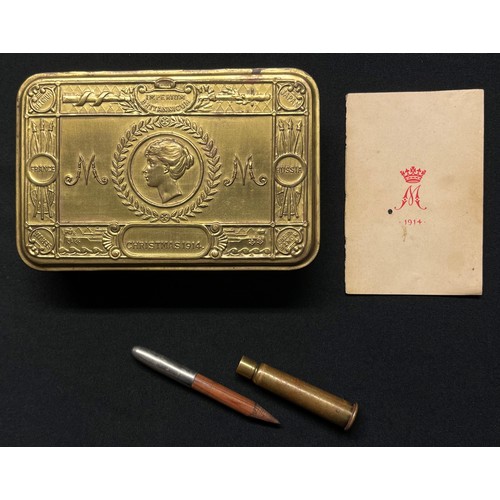 5144 - WW1 British Princess Mary's Gift Tin 1914 complete with Bullet Pencil and 1914 Greetings Card. Cartr... 