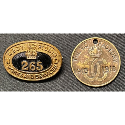 5148 - WW1 British WD Munitions Workers West Riding Works and Services Identity badge No.265 and a Chilwell... 