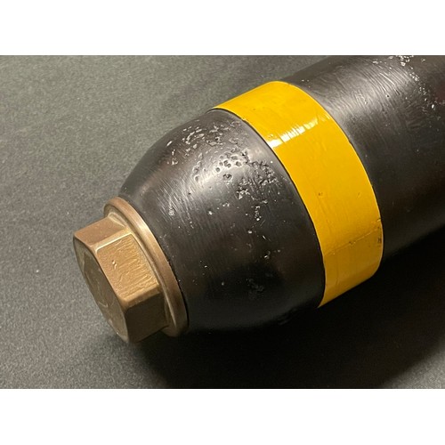 5173 - WW2 British 3 inch Mortar Round INERT & FFE. Drill Purpose Example with black body and yellow band. ... 