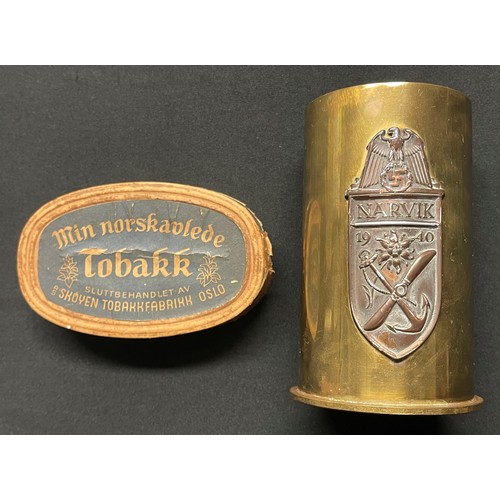 5248 - WW2 Third Reich Narvik Sheild which has been affixed to a brass starter cartridge case. Shield is an... 