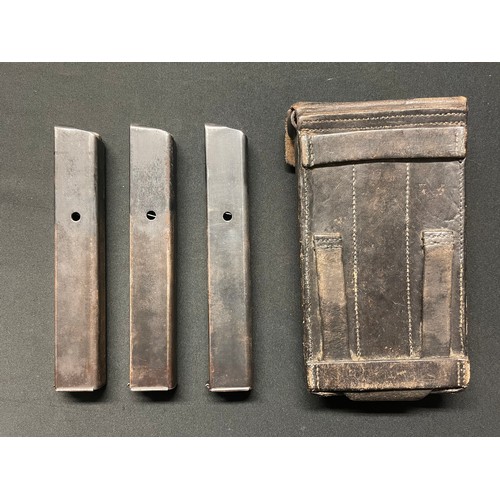 5252 - WW2 Third Reich German/ Austrian Steyr MP34 Magazines x 3 in original black leather pouch. All magaz... 