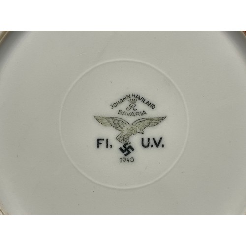 5260 - WW2 Third Reich Plates: One Lutfwaffe bowl Fl. U.V marked and dated 1940 along with red unit crest t... 