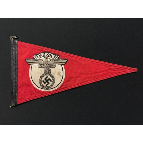 5266 - WW2 Third Reich NSKK Car Pennant. Size 38cm x 21cm. One clip cut off. Has remains of ink issue stamp... 