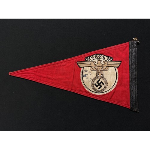 5266 - WW2 Third Reich NSKK Car Pennant. Size 38cm x 21cm. One clip cut off. Has remains of ink issue stamp... 