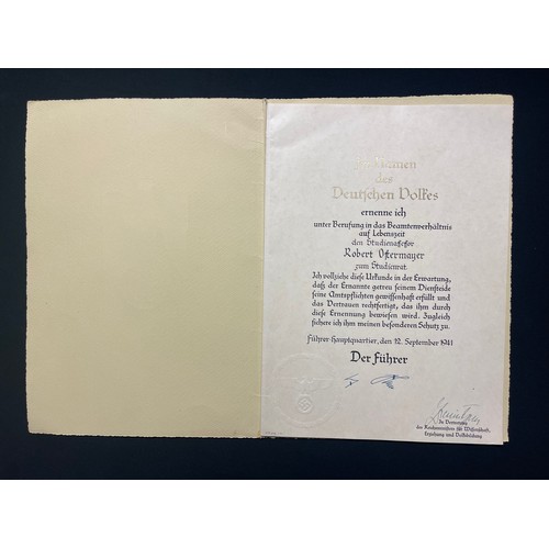 5267 - WW2 Third Reich Promotion Document for a Civil Servant named Robert Ostermayer dated 1941 complete w... 