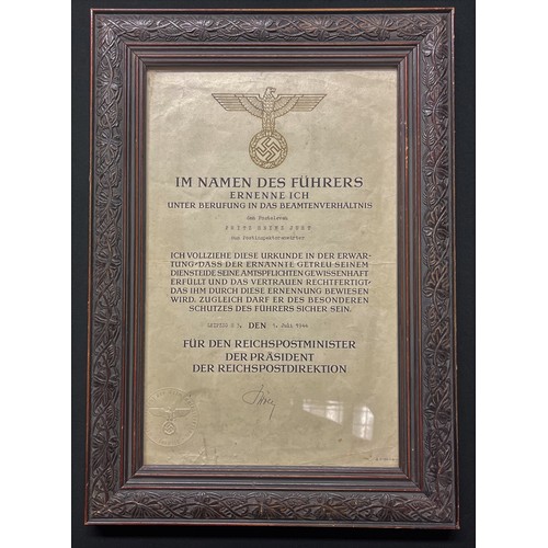 5268 - WW2 Third Reich Reichpost promotion document to Fritz Heinz Just in original period frame. Signed in... 