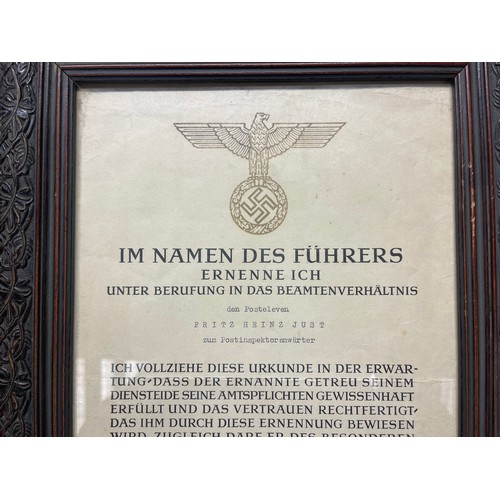 5268 - WW2 Third Reich Reichpost promotion document to Fritz Heinz Just in original period frame. Signed in... 