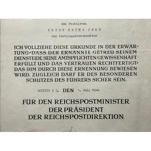 5268 - WW2 Third Reich Reichpost promotion document to Fritz Heinz Just in original period frame. Signed in... 