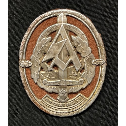 5286 - WW2 Third Reich SA Sport und Wehr Wettkampfe badge for SA Gruppe Niederrhein 24/25 Juli 1937. Maker ... 