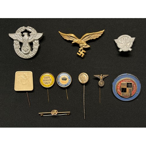 5293 - WW2 Third Reich stick pins and insignia to include: Police Landwacht cap badge and Luftwaffe cap bad... 