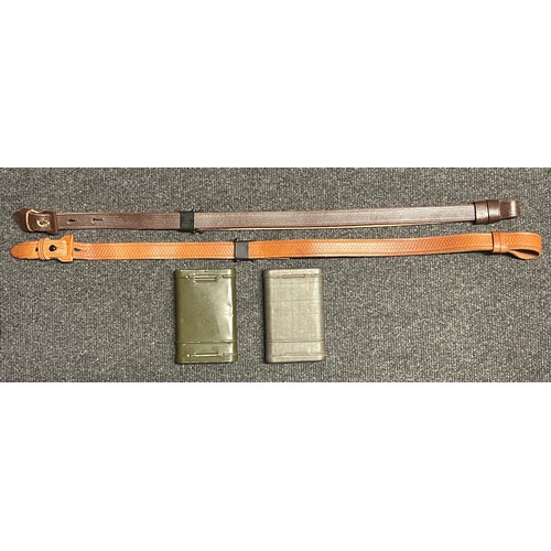 5326 - Pair of reproduction Mauser K98 brown leather rifle slings, one in light brown leather and one in ta... 