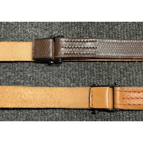 5326 - Pair of reproduction Mauser K98 brown leather rifle slings, one in light brown leather and one in ta... 