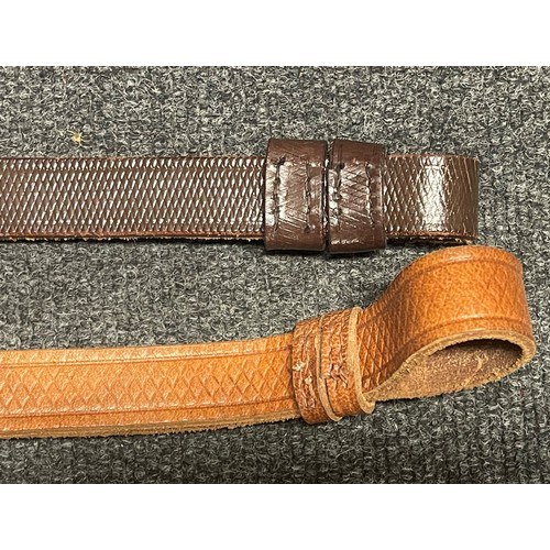 5326 - Pair of reproduction Mauser K98 brown leather rifle slings, one in light brown leather and one in ta... 