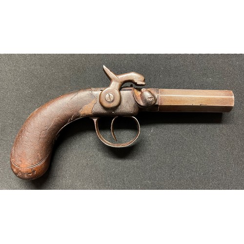 5343 - Box lock percussion cap pistol with octagonal 60mm long barrel, bore approx. 8mm, overall length 180... 