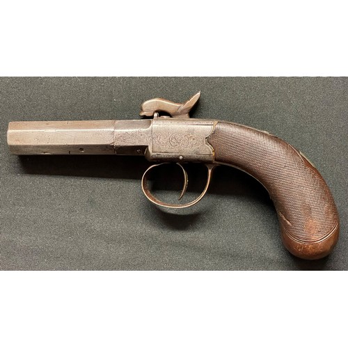 5343 - Box lock percussion cap pistol with octagonal 60mm long barrel, bore approx. 8mm, overall length 180... 