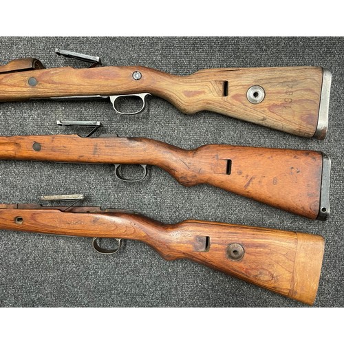 5357 - Mauser K98 Rifle Stocks x 3. One ex Israeli with 7.62 brand to butt. All have trigger guards and mag... 