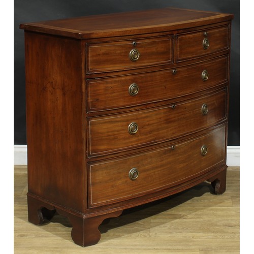 202 - A 19th century mahogany chest, of two short and three long graduated cockbeaded drawers, later base ... 