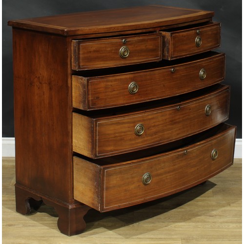 202 - A 19th century mahogany chest, of two short and three long graduated cockbeaded drawers, later base ... 