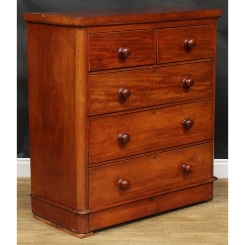 204 - A Victorian mahogany chest, or two short and three long graduated drawers, 110.5cm high, 102cm wide,... 