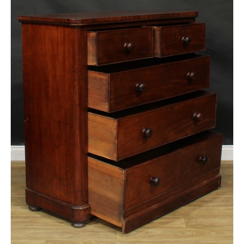 206 - A Victorian mahogany chest, of two short and three long graduated drawers, shallow bun feet, 120.5cm... 