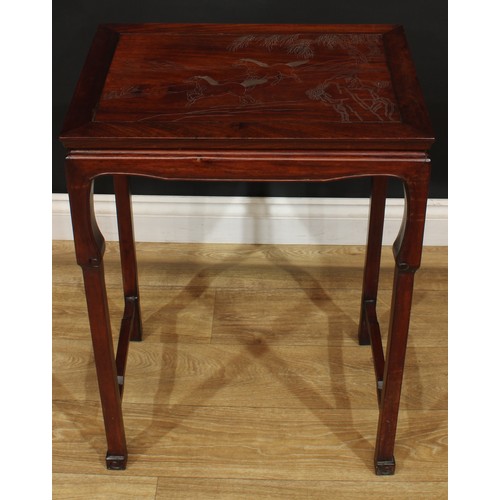 207 - A Chinese hardwood and wire inlaid occasional table, rectangular top decorated with galloping horses... 