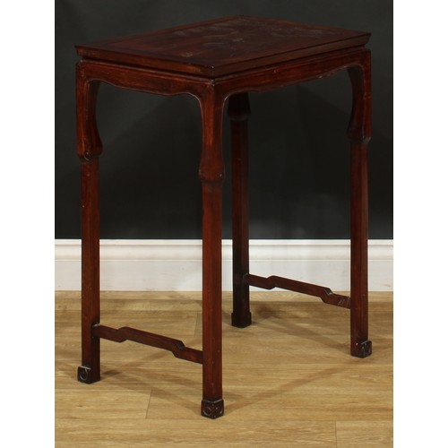 207 - A Chinese hardwood and wire inlaid occasional table, rectangular top decorated with galloping horses... 