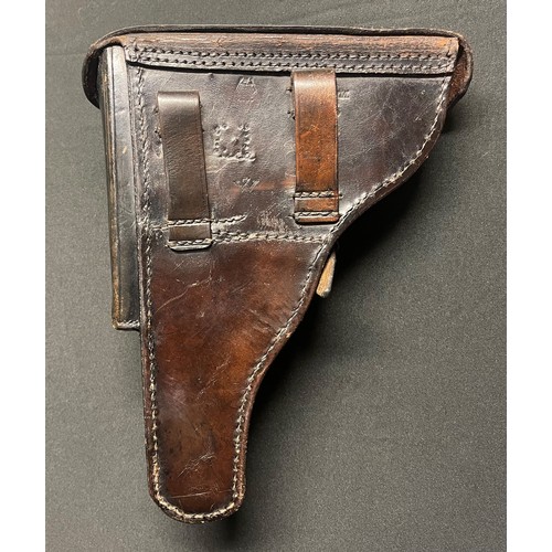 5364 - WW1 Imperial German Luger 08 Pistol Holster in dark brown leather. Maker marked 