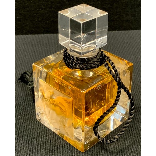 20 - A Lalique glass scent bottle,  square with two ` Masque de Femme` panels, 25 ml perfume, with etched... 