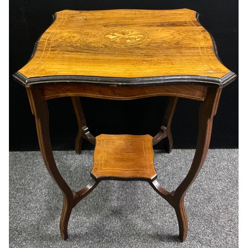 318 - An Edwardian Rosewood two tier occasional table, shaped square top with inlaid centre, serpentine le... 