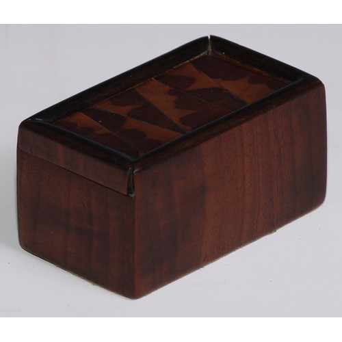 3670 - Treen - a George III mahogany, walnut and yew cotton box, sliding cover, 9cm wide, c.1790