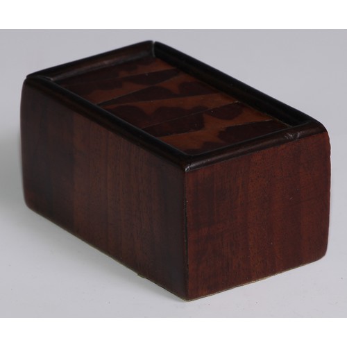 3670 - Treen - a George III mahogany, walnut and yew cotton box, sliding cover, 9cm wide, c.1790